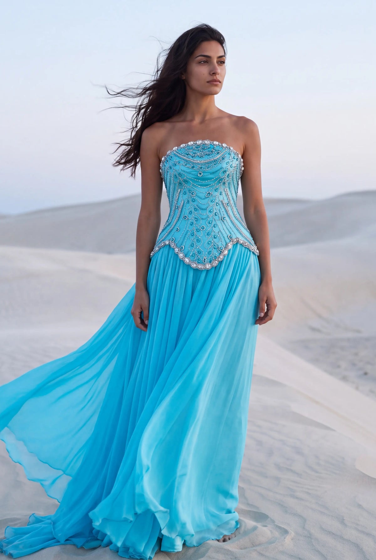 A woman stands on sand dunes wearing a strapless flowing gown in bright aqua blue with ornate embellished detailing across the bodice and a long sheer skirt.