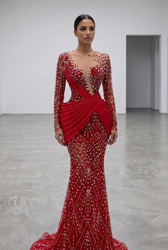 A model stands in a minimalist white gallery space wearing a floor-length red evening gown with intricate silver beadwork and a dramatic draped waist detail.