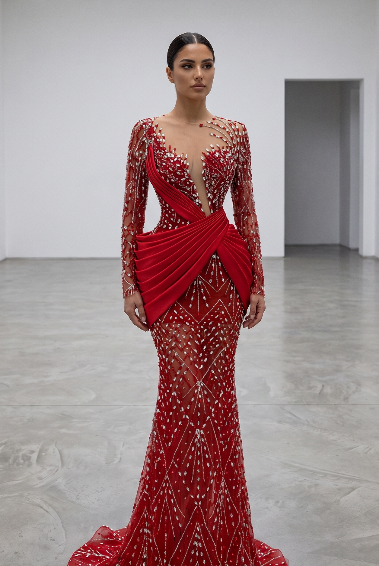 A model stands in a minimalist white gallery space wearing a floor-length red evening gown with intricate silver beadwork and a dramatic draped waist detail.